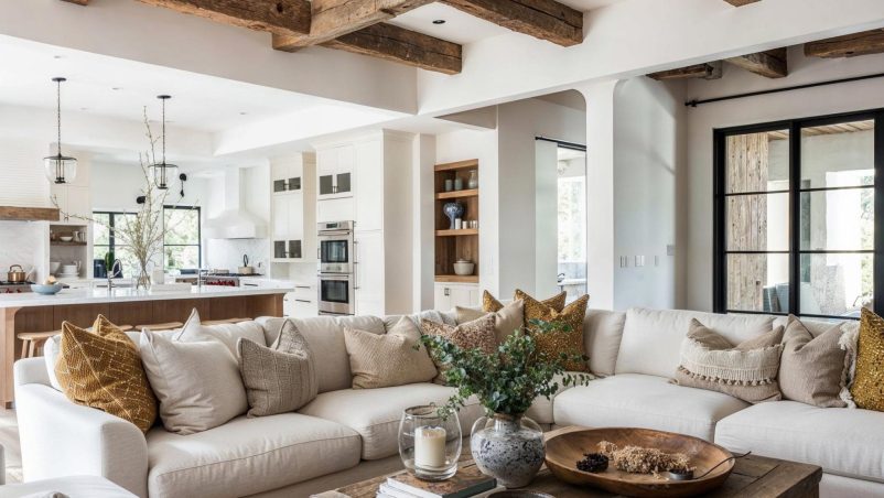 Sofa trắng, ánh sáng tự nhiên và xà gỗ mộc mạc mang đến vẻ thanh lịch, thoáng đãng nhưng vẫn ấm cúng.